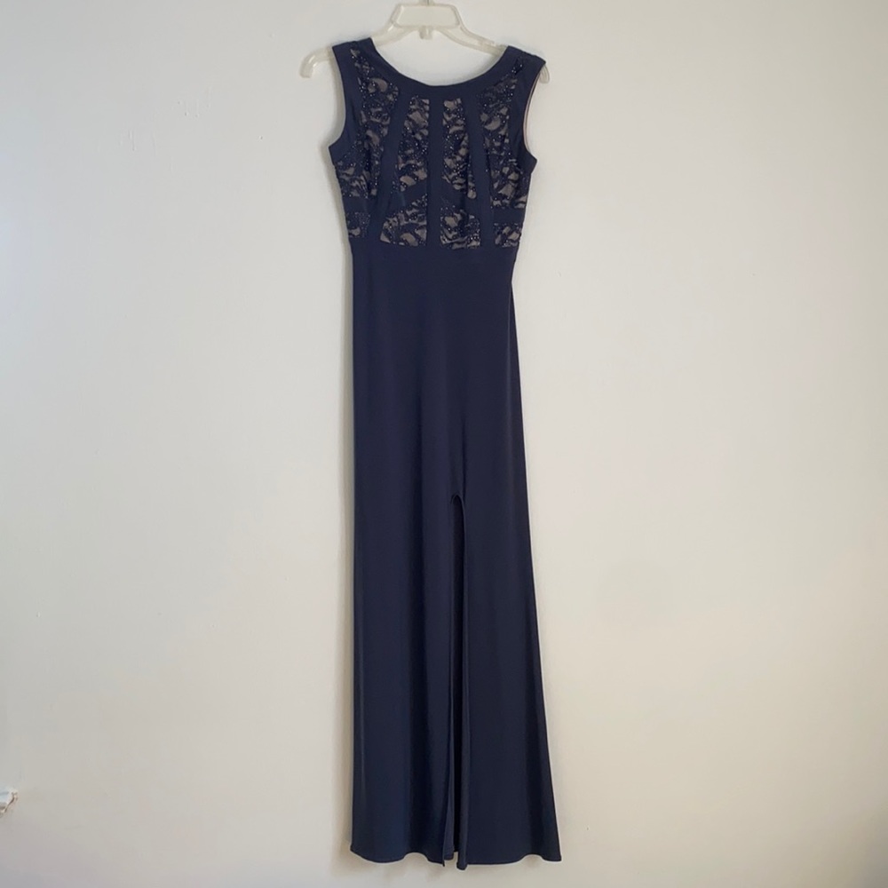 Like new! Slate Blue Maxi Petite Formal Dress Halter Top Style